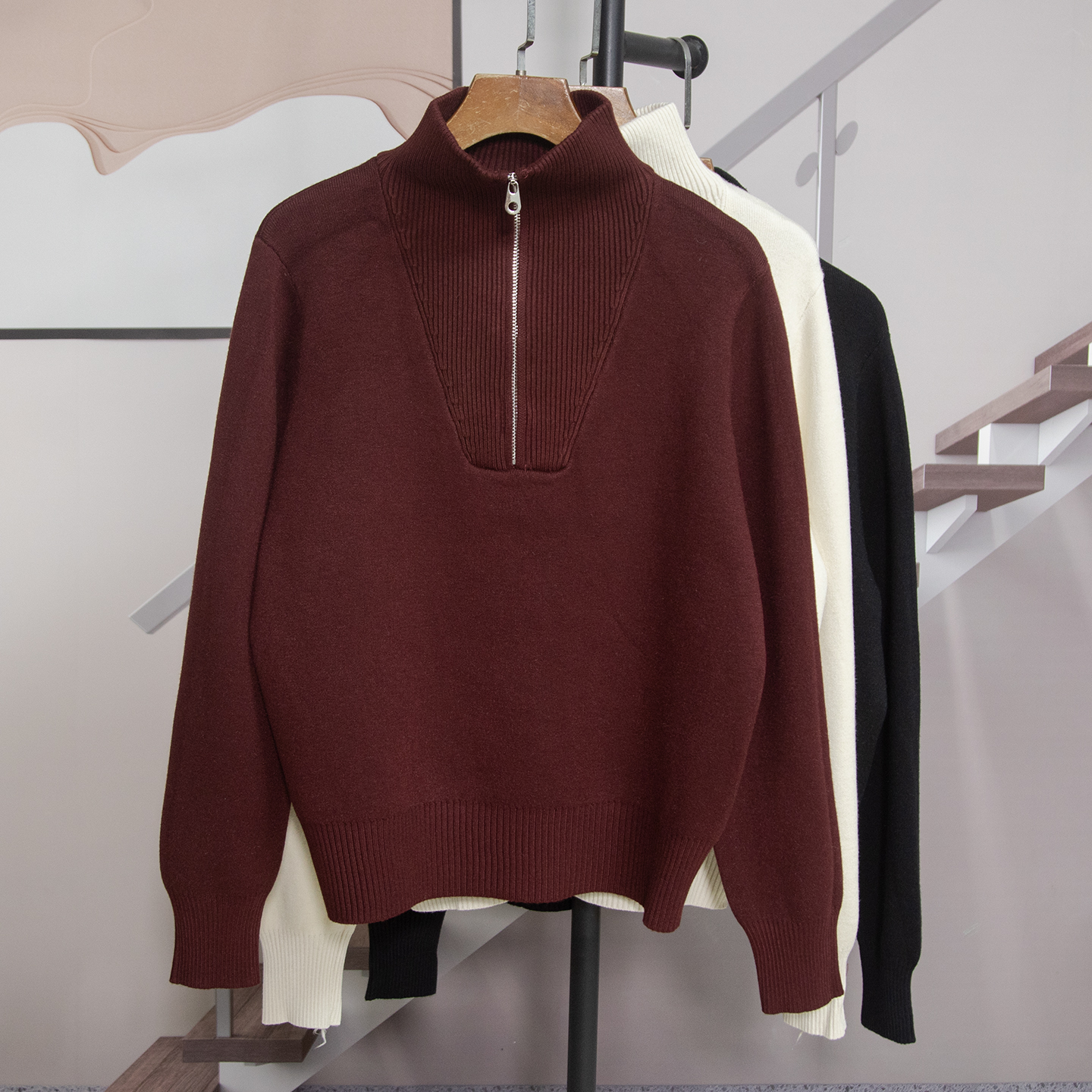 时尚洋气高领半拉链针织衫