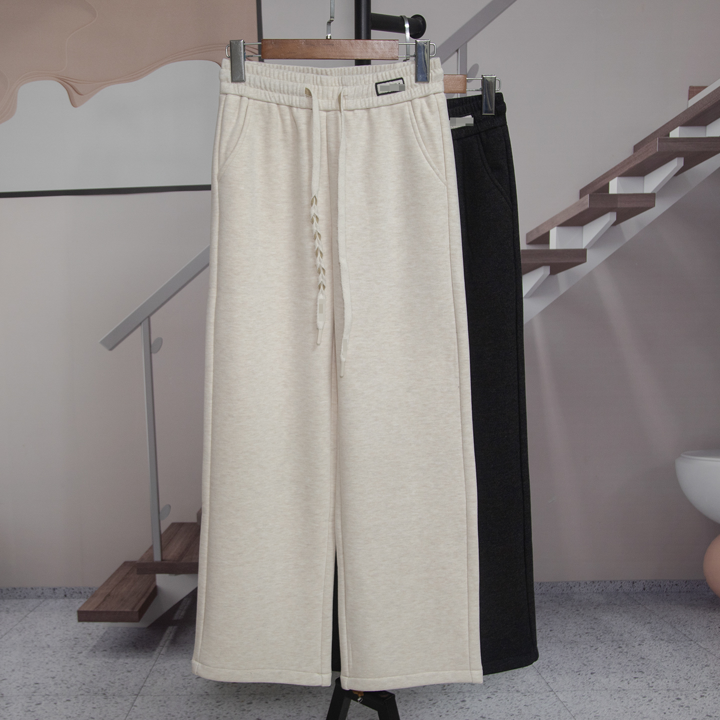 高腰抽绳加绒阔腿裤女