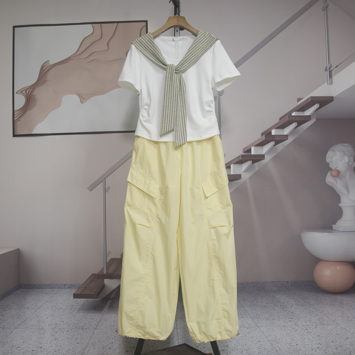 学院风披肩短袖T恤工装阔腿裤套装女2026夏季新款减龄两件套7702