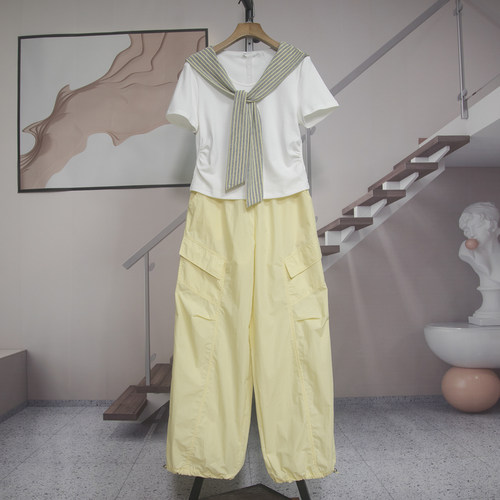 学院风工装阔腿裤套装女夏减龄
