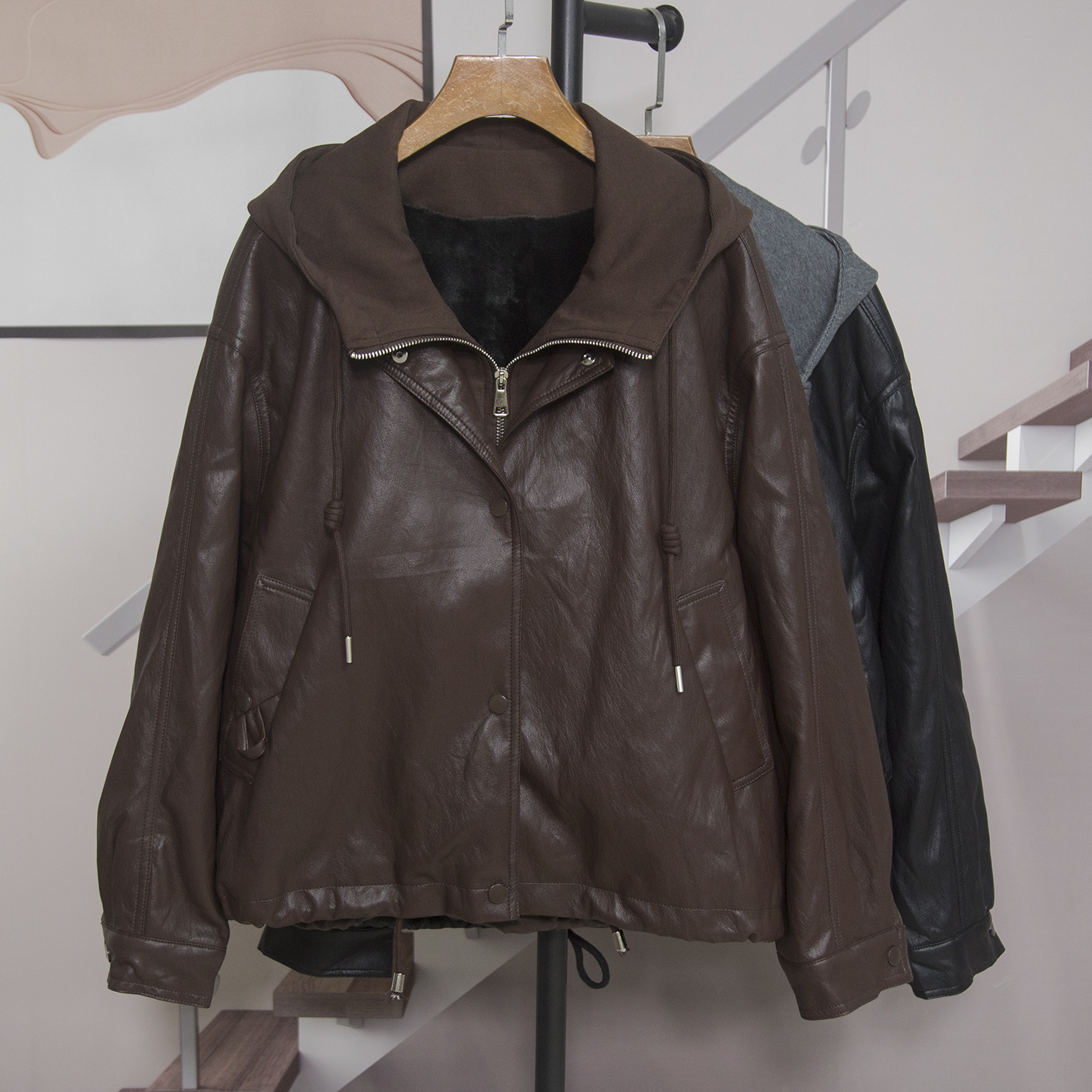 时尚连帽假两件加绒PU皮衣外套女2025秋冬新款百搭洋气上衣潮971