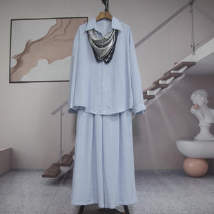 阔腿裤 宽松衬衫 长裤 两件套女2026春季 潮268021 气质中长款 新款 长袖