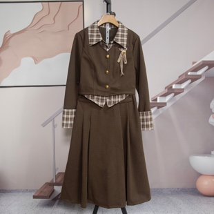 百搭减龄修身 时尚 新款 裙女2025秋季 两件套潮7759 洋气格子拼接套装