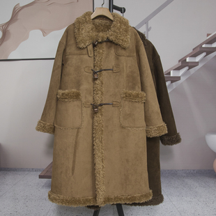 G607 新款 复古风仿麂皮绒牛角扣大衣女中长款 加绒毛绒外套2025冬季