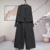 洋气T恤马甲弯刀阔腿裤 三件套女2026春季 新款 时尚 百搭套装 潮5082