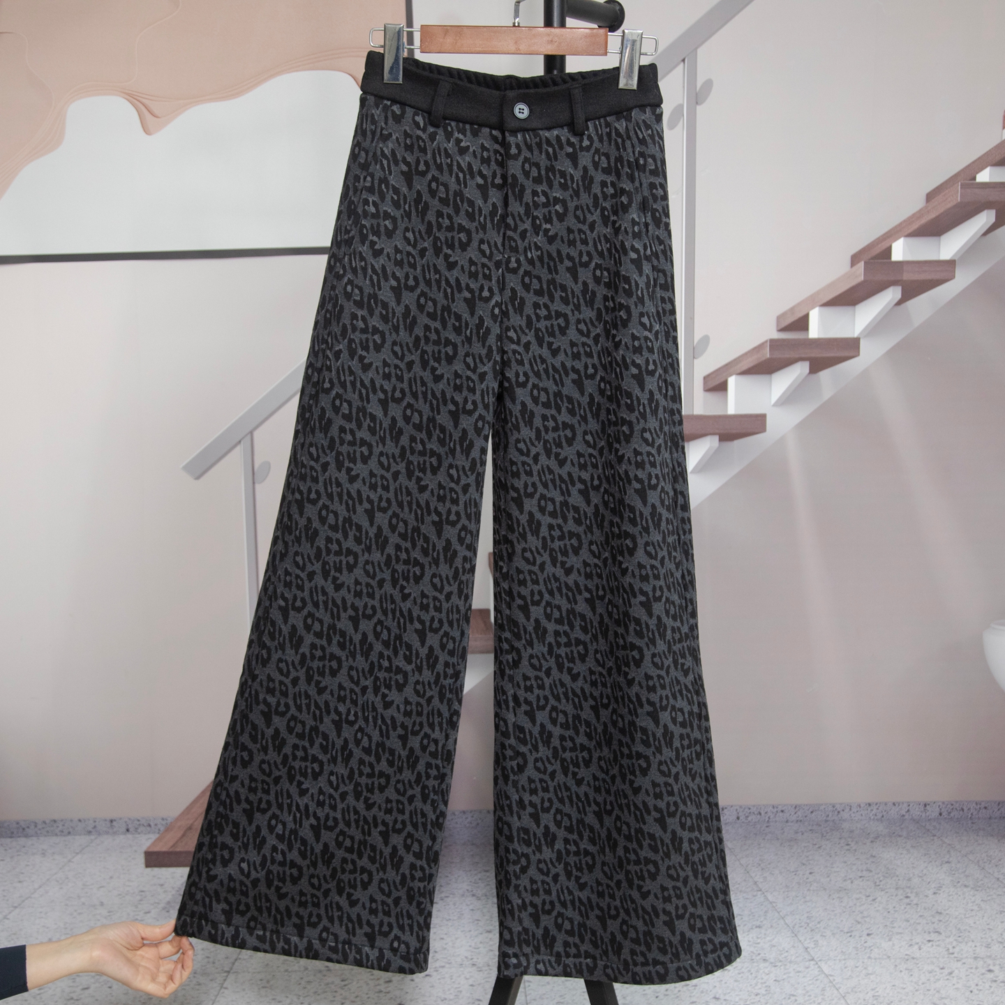 时尚高腰灰色豹纹阔腿裤