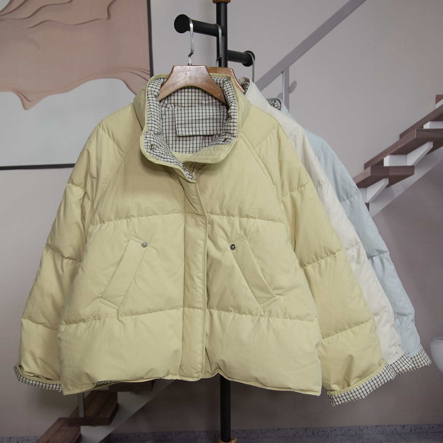 韩版格子拼接白鸭绒羽绒服