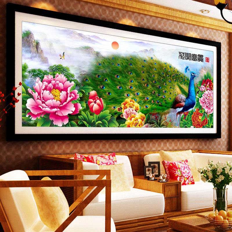 纯手工十字绣成品繁花似锦 孔雀仙鹤旭日牡丹花客厅装饰风景大画