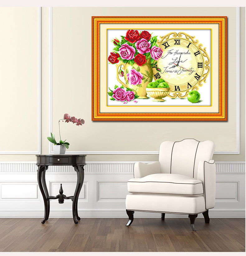 纯手工已绣好的十字绣成品古典花钟钟表富贵平安花瓶牡丹客厅出售