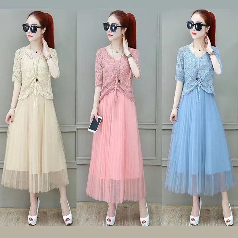 Summer new large women's versatile two piece set of thin drawstring knitted shirt, hollow mesh dress fashion