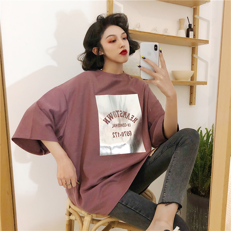 Actual Shot Video Korean Alphabet Printed T-shirt Bottom Shirt Loose Mid-long Half-sleeve Short-sleeved Top
