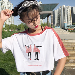 Official website picture summer women's wear Korean color matching T-shirt loose short sleeve cute cartoon sticker 5-sleeve student top