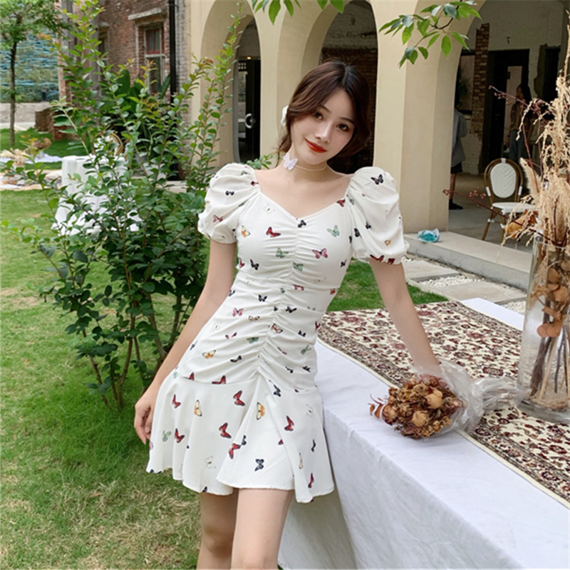 2021 summer Korean V-neck pleated Bubble Sleeve Ruffle Skirt with thin waist and purple butterfly print dress