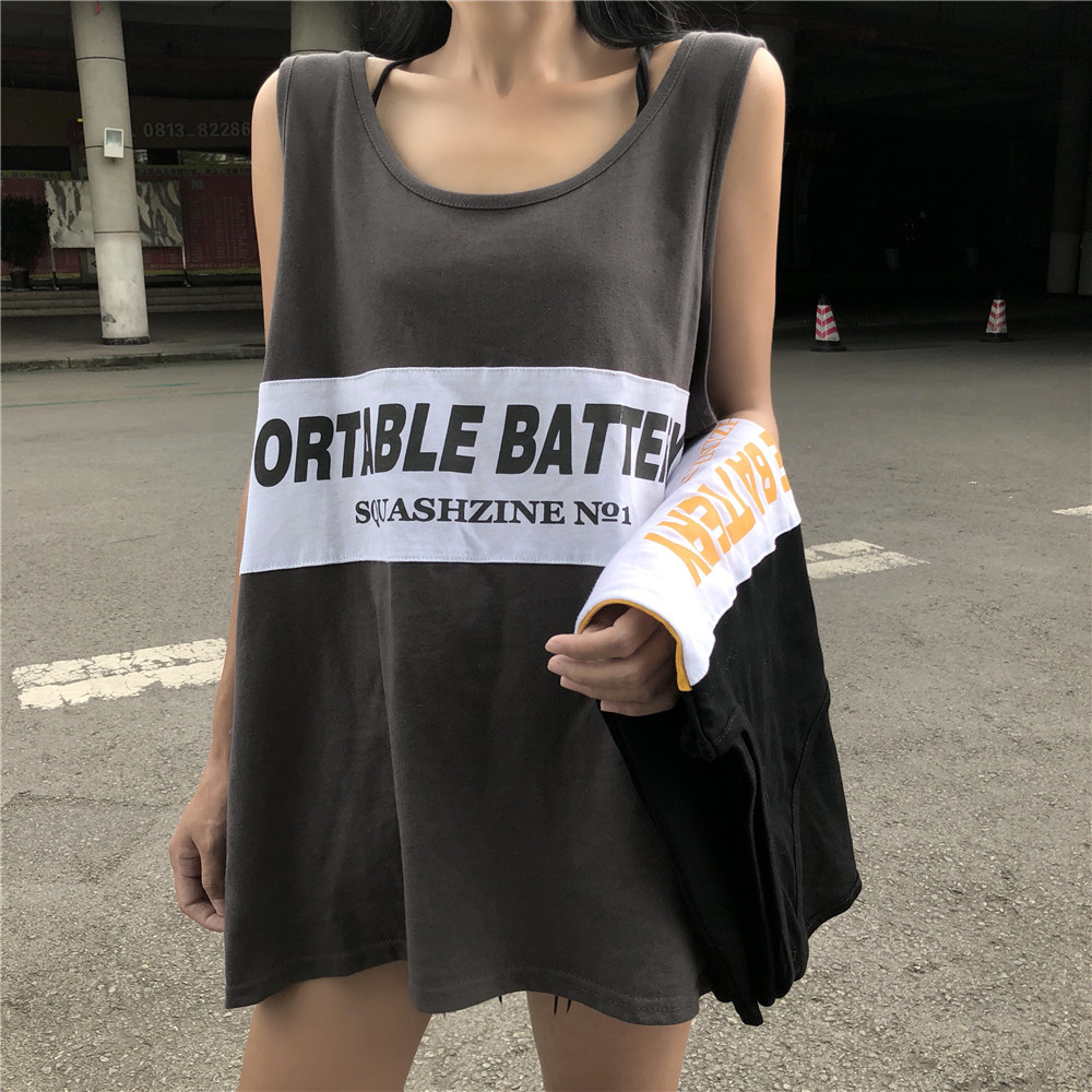 Real photo Hong Kong style contrast letter printing loose sleeveless vest women's fashion versatile student Round Neck Shirt