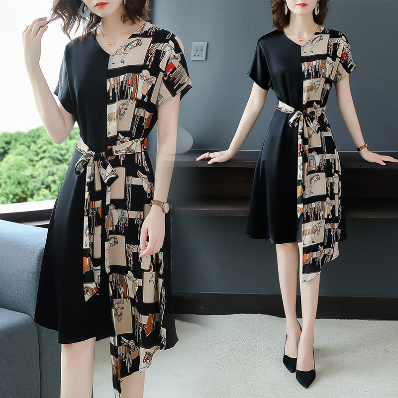 European station new foreign celebrity V-neck Platycodon gathered waist skirt printed irregular dress