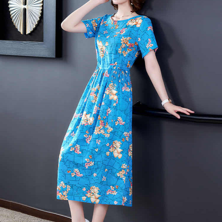 Floral dress women's 2021 new fashion feminine elegant temperament thin mid long summer short sleeve skirt