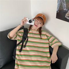 Real shot color matching stripe 2021 new cotton short sleeve T-shirt women's mid summer long Hong Kong style top