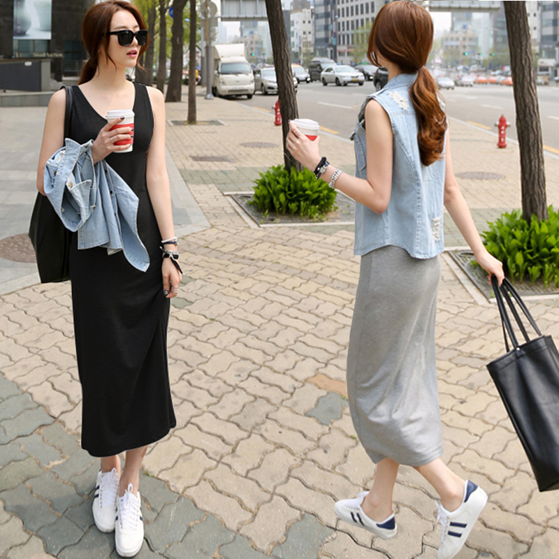 New style tank top mid length dress sleeveless suspender tank top skirt slim long skirt summer