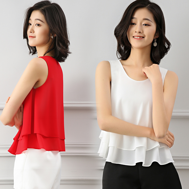 Chiffon suspender vest for women wear summer vacation short style with all kinds of loose, thin and belly covering casual sleeveless top