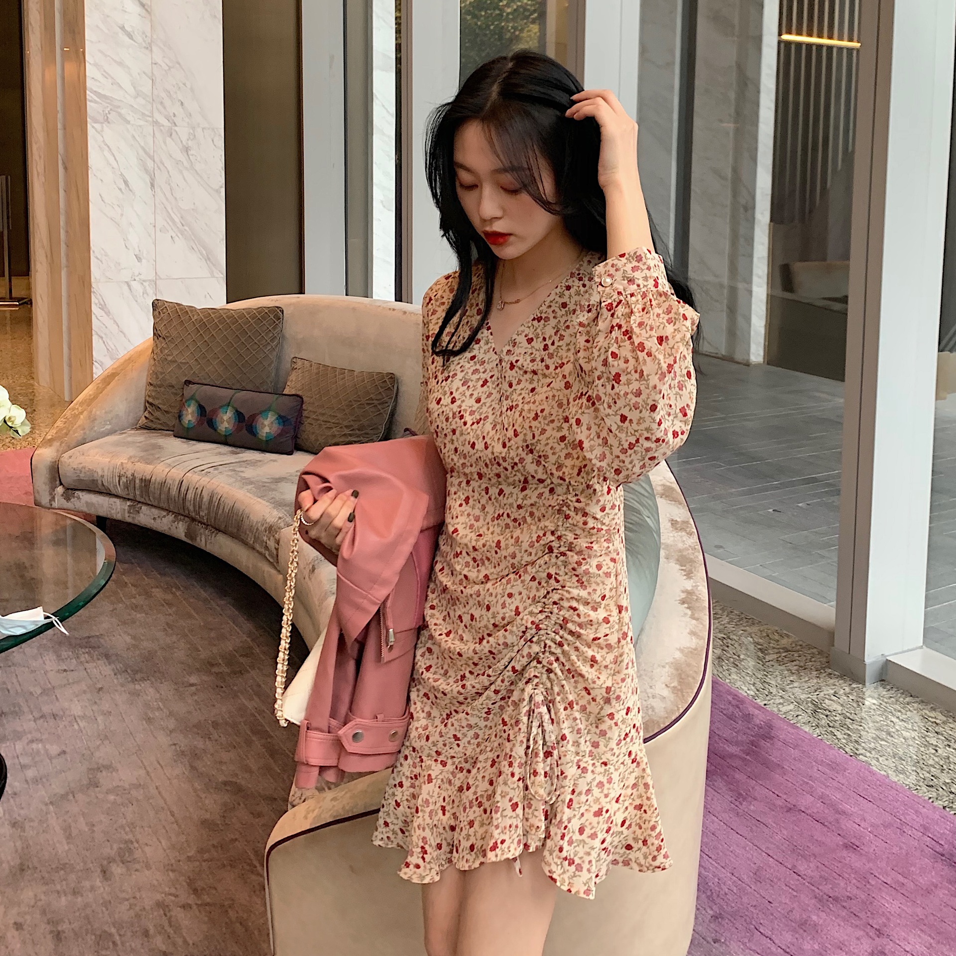 Spring and autumn winter High Waist Chiffon new temperament goddess fan small long sleeve Floral Dress