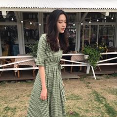 Official new women's dress Retro Mid length skirt Korean Plaid Bow waist