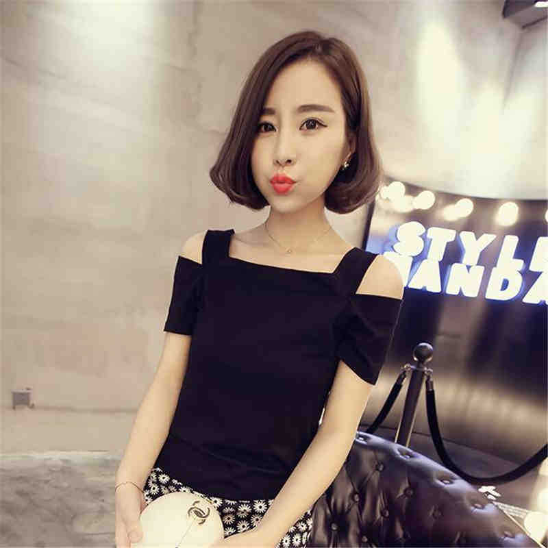 2021 Korean new sling off shoulder summer short sleeve women's loose fat mm solid color T-shirt