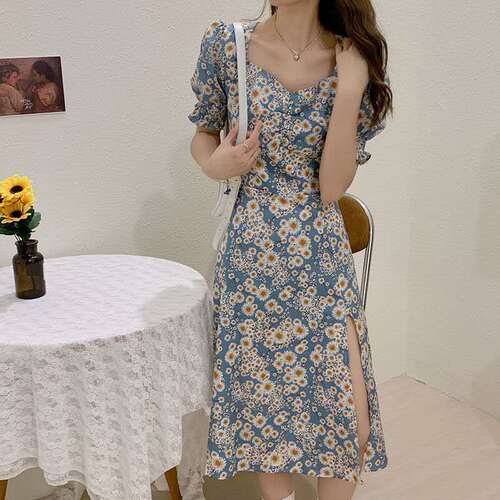 Slim summer dress Zou Ju oil painting floral skirt bubble sleeve waist slim sexy split dress