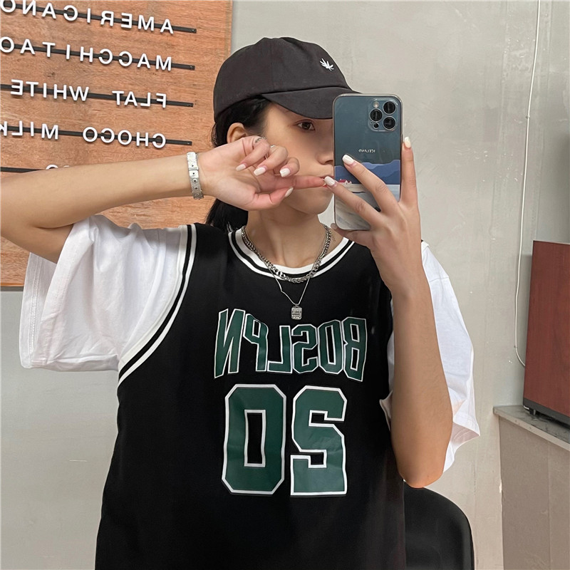 Real shot video basketball suit loose BF wind Korean version summer medium long short sleeve T-shirt fake two pieces of top
