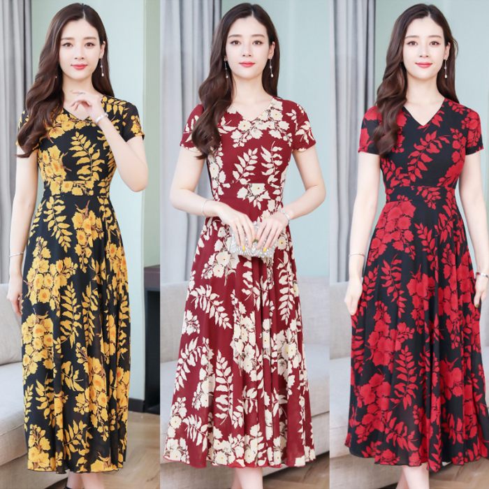 Floral display over the knee show thin super fairy fashion dress 2019 new round neck short sleeve show thin long dress