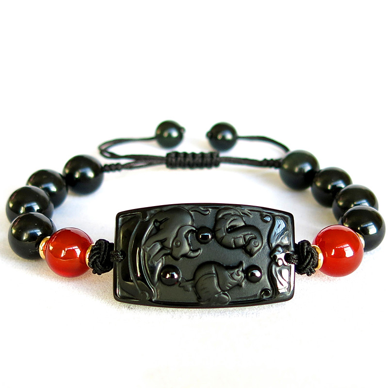 正品黑曜石三合生肖贵人手链女本命年男虎招财创意情侣生日小礼物