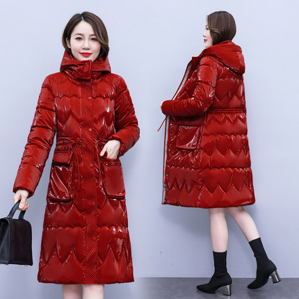 羽绒棉服女2022冬季新款修身显瘦中长款时尚洋气加厚亮面棉袄外套