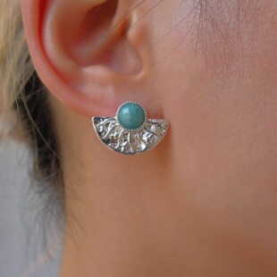 S925银Aten阿顿太阳神尼罗河蓝钻切面天然天河石银版耳钉