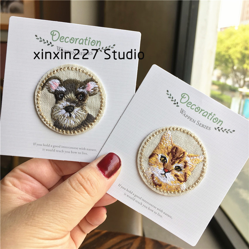 圆形布艺动物猫狗刺绣胸针徽章