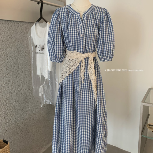 26夏上新白月光甜美蓝色格子裙学院风仙女裙连衣裙(配屁帘)无内衬