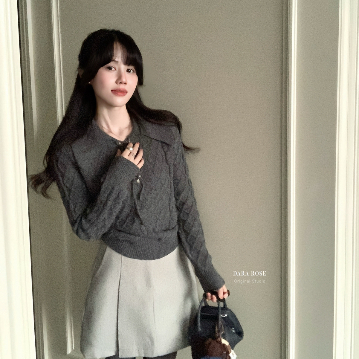 韩系轻熟风polo领麻花纹系带针织衫高级感保暖毛衣