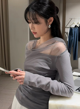 26年早春网纱拼接一字肩上衣气质显瘦长袖T恤打底衫纯欲内搭小衫