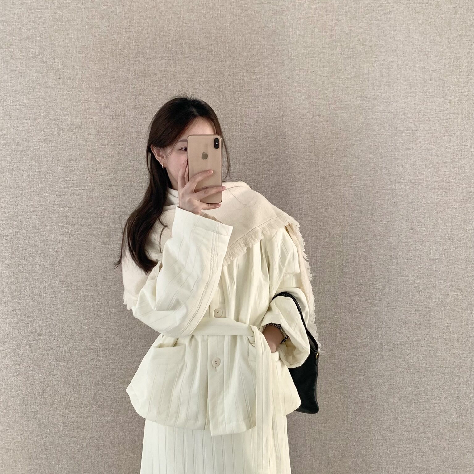 棉服披肩两件套韩系简约竖纹设计款腰带保暖棉服外套配羊毛披肩
