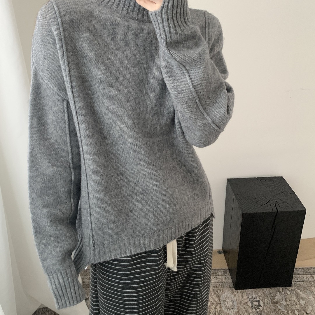 慵懒风系列冬上新韩系慵懒风加厚袖口不规则半高领套衫保暖毛衣（