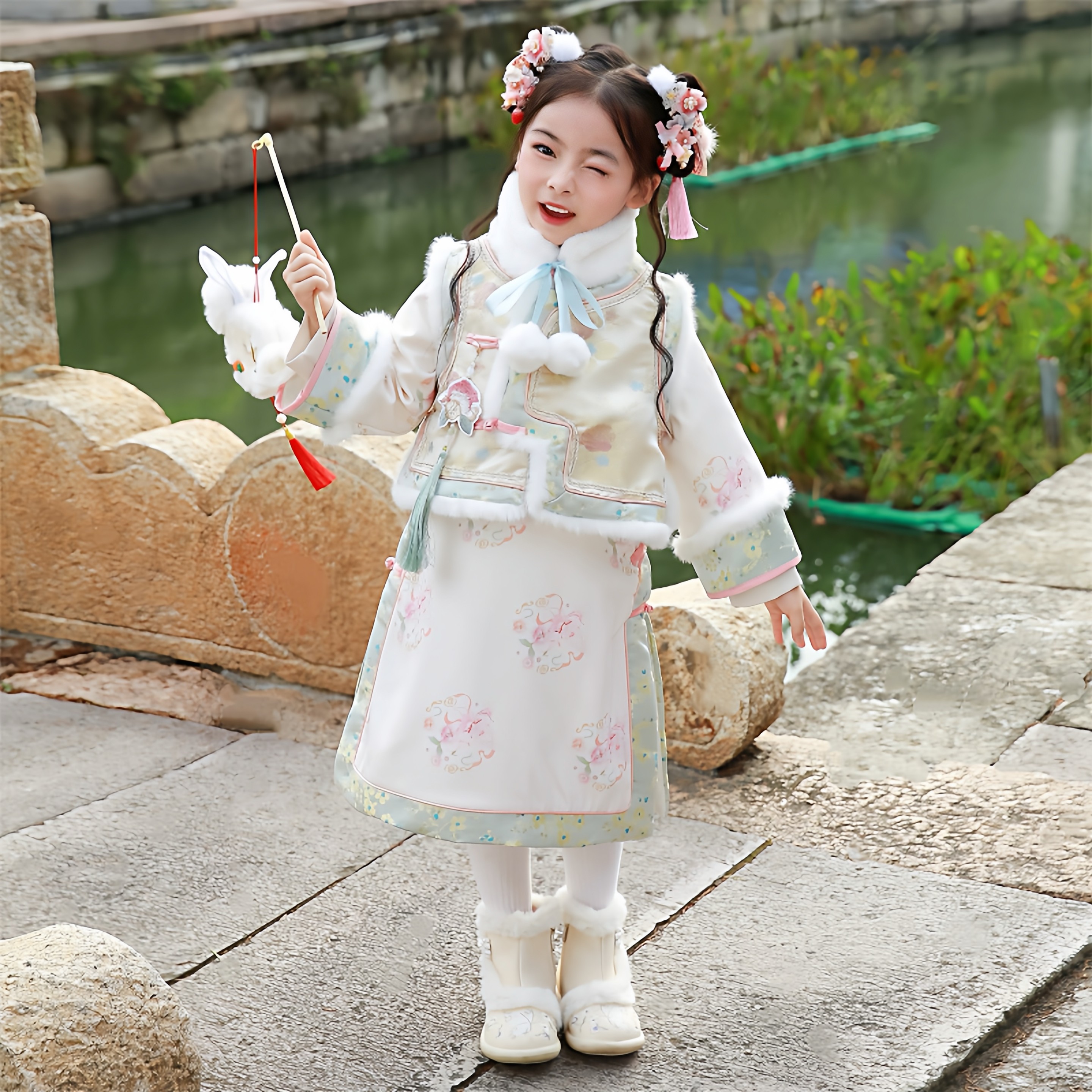 小女孩新款旗袍套装加厚拜年两件汉服