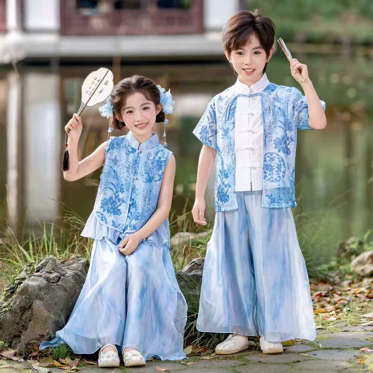 新款夏装男童国风古装改良国风汉服短袖表演服女童新中式唐装日常