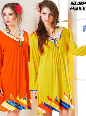 升派家居服睡衣春款女士靓丽绣花木棉长袖连衣裙睡裙9033