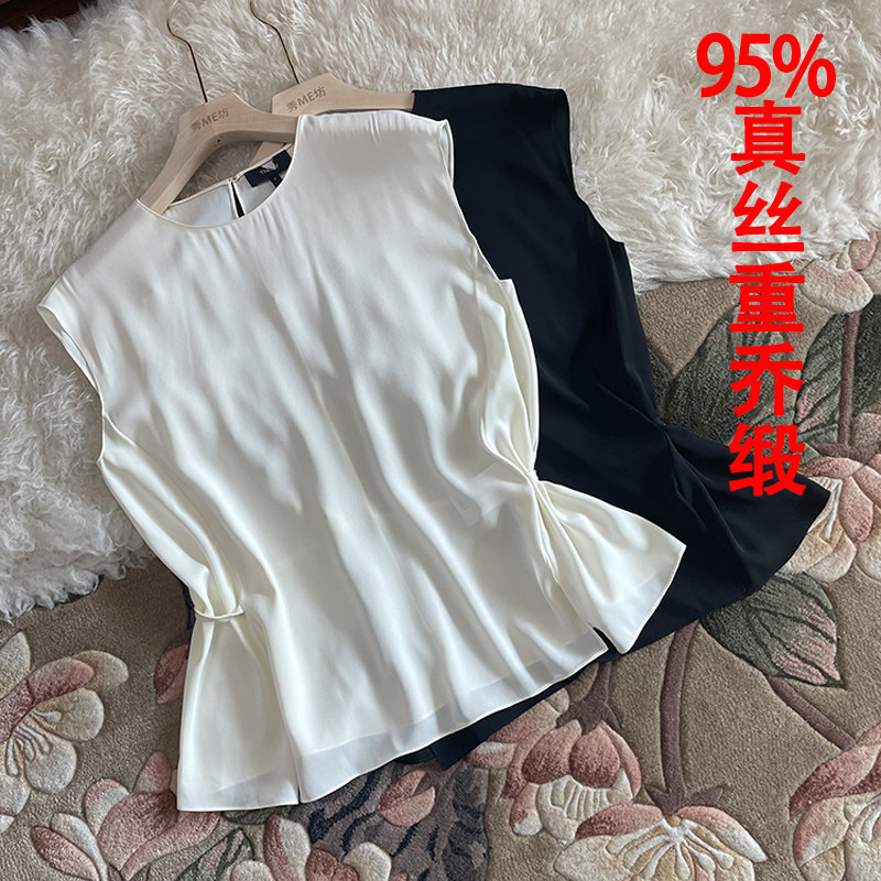 桑蚕丝上衣重乔缎面极简风开叉垂感弹力双乔真丝无袖圆领衬衫女