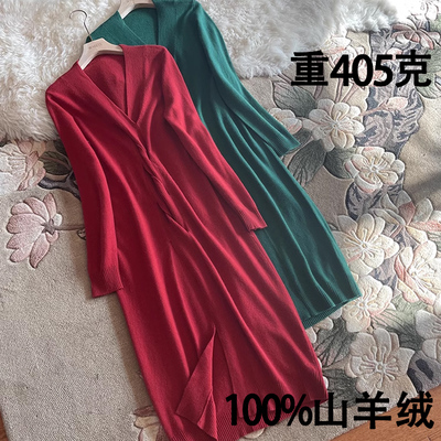 纽纹100%羊绒欧美开叉针织连衣裙