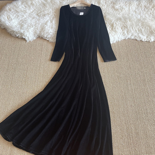丝绒晚礼服裙加长款高端合唱指挥轻奢斜裁连衣裙年会大码黑色长裙