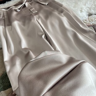 拖地春秋高个子加厚垂坠感仿真丝缎面带腰带阔腿裤 女高端名媛长裤