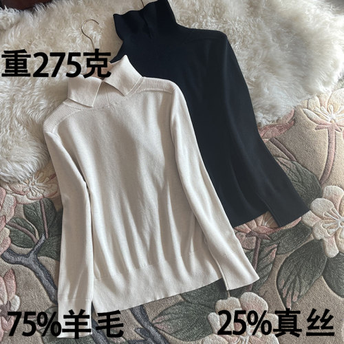 开叉羊毛针织衫欧美高领修身真丝