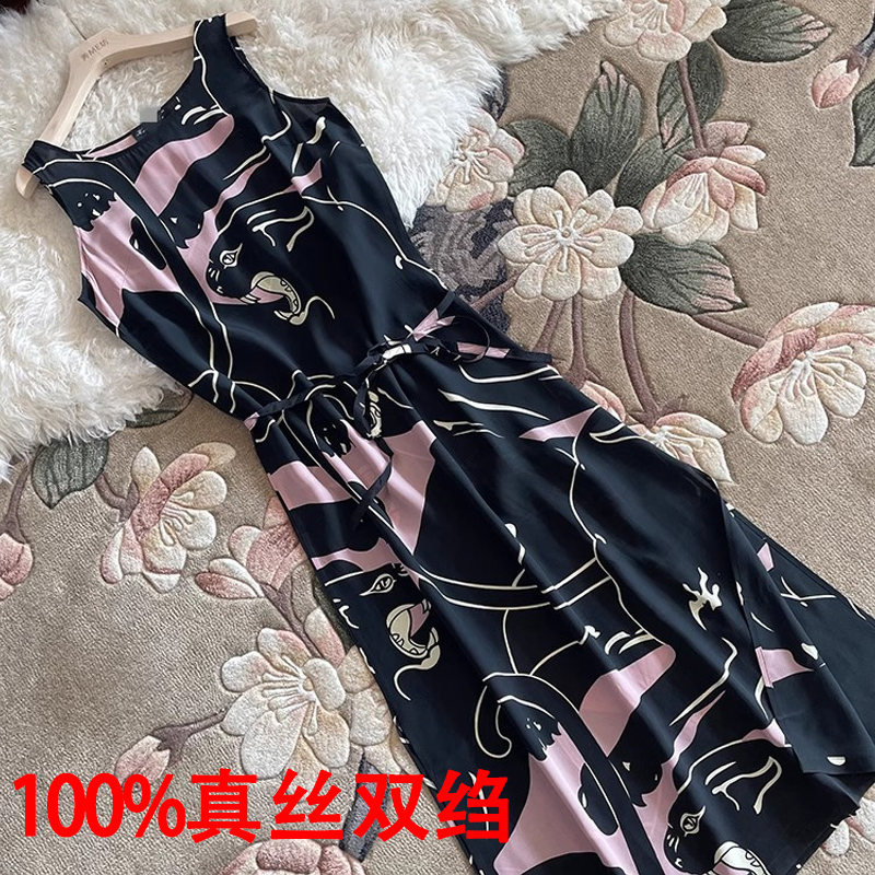 真丝双绉连衣裙超长款印花背心裙