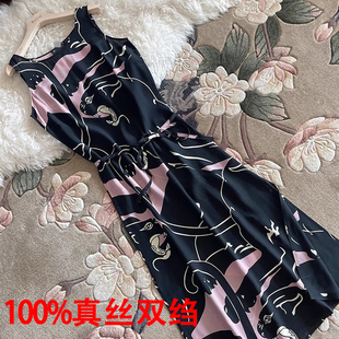 真丝双绉桑蚕丝无袖背心连衣裙女夏季印花收腰显瘦法式开叉长裙子