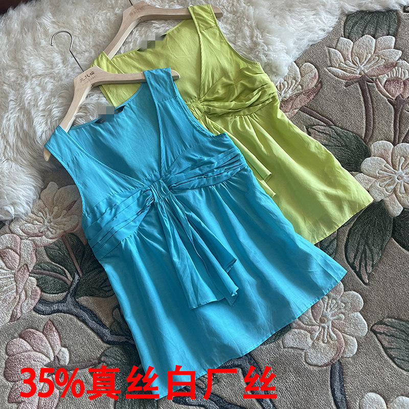 桑蚕丝背心女名媛 蝴蝶结V领真丝棉修身飘带无袖背心上衣收腰外贸