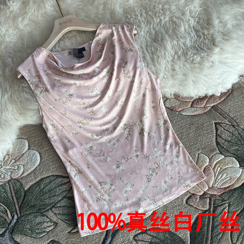 双层真丝白厂丝T恤法式荡领修身